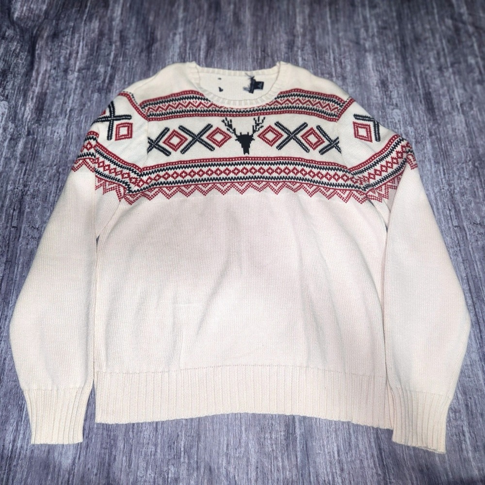 American Living Ivory Fair Isle Nordic Reindeer Sweater Knit Crew Neck Large‎